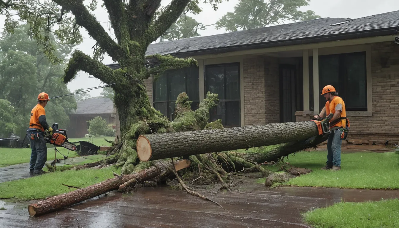 Provider crew clearing a fallen tree from a house roof after a storm in the St. Charles area